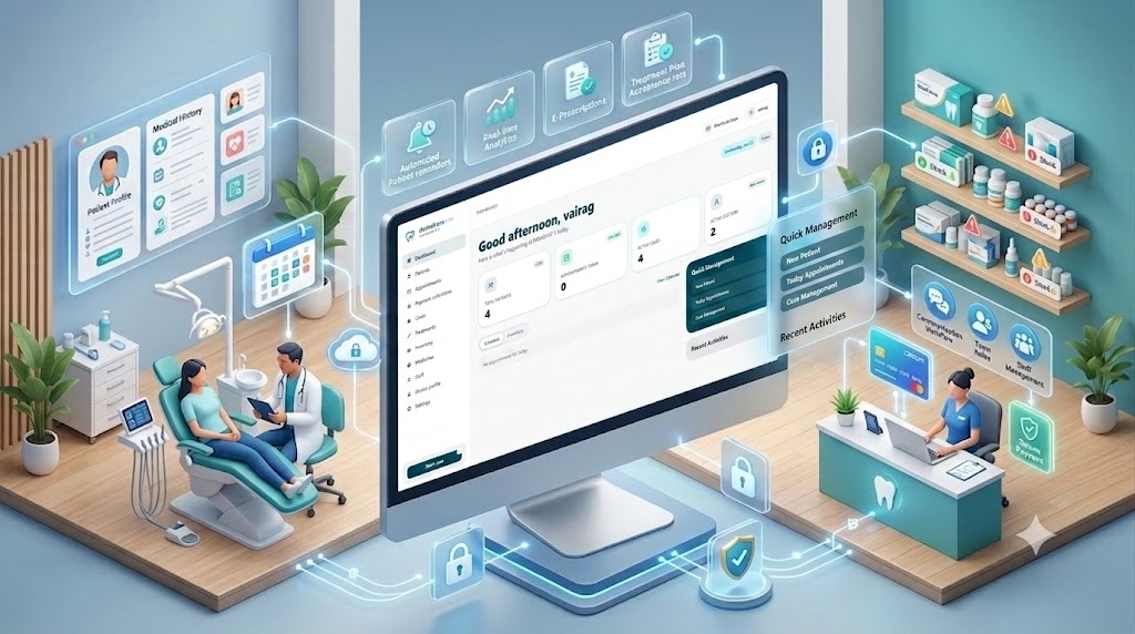 Dental clinic management software dashboard with patient records, appointments, and billing